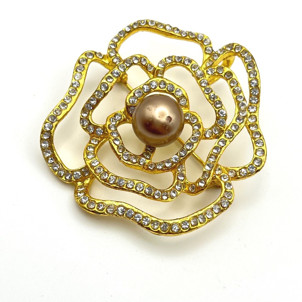 Gold Tone Rhinestone Rose Brooch Faux Pearl Floral Pin Pendant 2.25 Inch